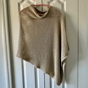 Minnie Rose Metallic ‘Greige’ Open Weave Crochet Asymmetrical Poncho